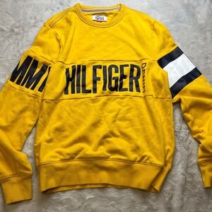 Tommy Hilfiger Denim Sweatshirt Mens XS Yellow Logo Graphic Crew Neck Excellent
